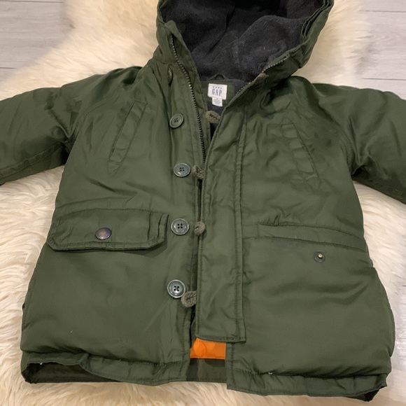 Baby Gap Army Green/Orange Winter Thick Down Puffer Jacket Interior Lining in 3T - Picture 2 of 10